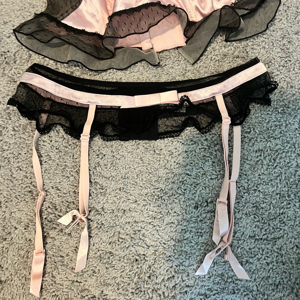 Like New Cassandra Intimates Pink and Black Corset & Garter Belt Set, 34C & M/L - Picture 5 of 7
